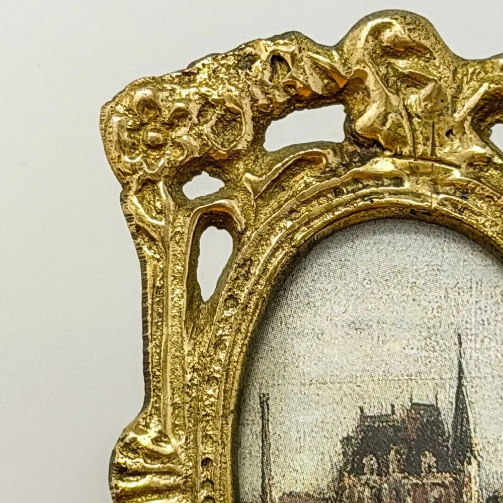 Antique Art Nouveau Solid Brass Miniature Oval Picture Frame c.1895-1915